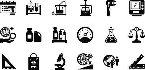 Science and education icon set featuring lab equipment, measurement tools, medicine, STEM symbols, and global learning concepts