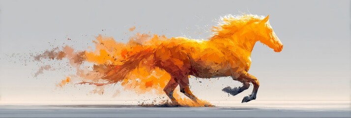 Dynamic action of a black horse galloping through an explosion of orange powder. Abstract concept of power, speed and untamed energy. Panoramic background with copy space