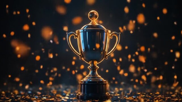 Gold winner trophy with falling confetti ribbons. First place trophy prize, champion award, best success achievement in sports competition. 4k video