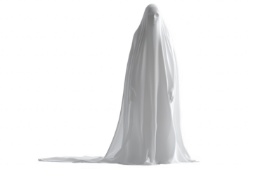 A mysterious figure draped in flowing white fabric stands in a minimalistic. softly lit environment. evoking a sense of intrigue and serenity. suitable for artistic or conceptual use