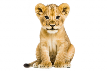 A playful lion cub sitting upright with a curious expression. its soft fur and bright eyes. set against a clean white background. ideal for educational and wildlife-themed projects