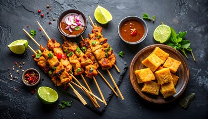 Grilled chicken skewers on dark background