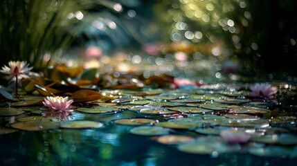 Lily pads and flowers drift on shimmering, tranquil water under sun-dappled light