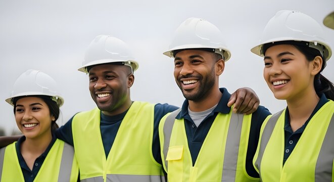 Diverse group of construction workers smiling and wearing hard hats and safety vests
