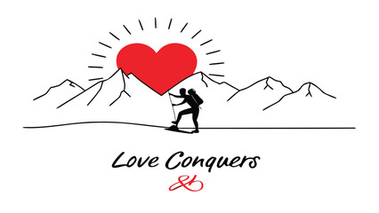 Silhouette hiker reaching the summit of a mountain with a large red heart symbolizing love and success