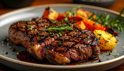 Grilled steak dinner with roasted vegetables
