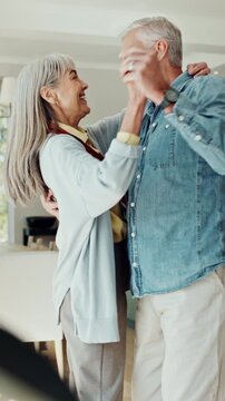 Spin, dancing and senior couple with music for bonding, connection and commitment together. Retirement, home and elderly man and woman for love, relationship and marriage with movement, happy and hug