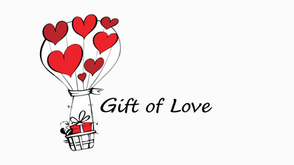 Whimsical hot air balloon filled with red hearts carrying a gift box and the text gift of love
