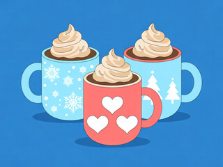A digital illustration of three decorative coffee mugs arranged in a row against a solid blue background.