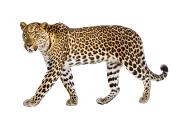 A majestic leopard walking gracefully on a white background. its distinctive spotted coat and powerful physique. symbolizing wildlife beauty and strength
