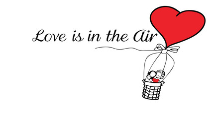 Whimsical illustration of a couple in a hot air balloon shaped like a red heart with the text love is in the air