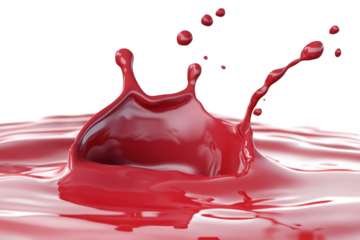 A splash of red liquid creates dynamic ripples in a glossy pool. set against a clean white background. ideal for artistic or advertising uses
