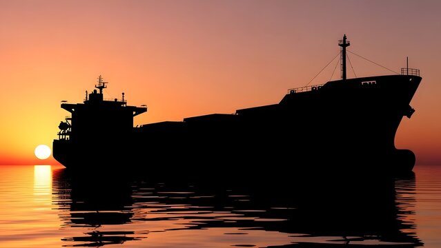 Silhouette of a cargo ship at sunset on a calm sea