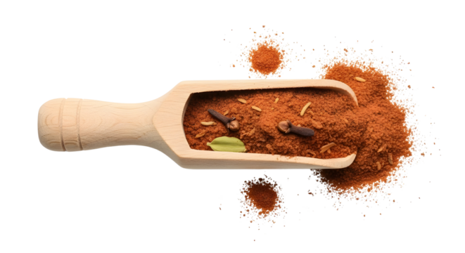 Wooden scoop filled with chili spice powder and whole aromatic seasoning for cooking isolated PNG with Transparent Background