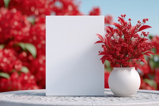 Blank white card and red berries in a white vase on a textured table with a blurred red floral background for product display. - Powered by Adobe