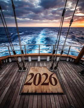 Sailing into 2026 aboard a wooden ship at sunset, new year's resolutions begin