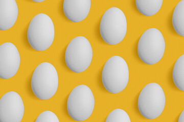 Natural white chicken eggs with soft shadow as minimal style pattern on yellow background. Top view still life photo, creative food layout, egg day holiday concept, graphic flat lay pastel colored.