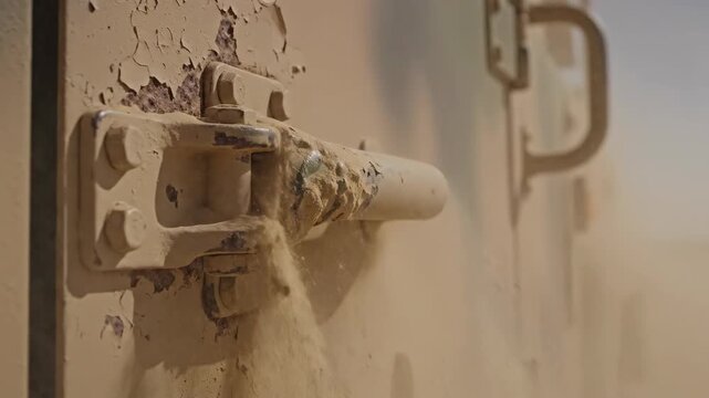Sand Storm Rages Against the Side of a Military Vehicle in Desert
