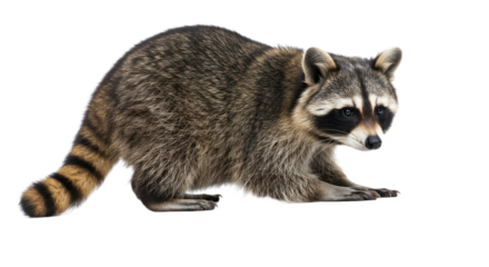 Raccoon (Procyon lotor) isolated on black background, full body view of a standing wild animal with masked face and ringed tail.
