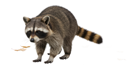 Alert Raccoon Procyon lotor with distinctive mask and striped tail, isolated on black background