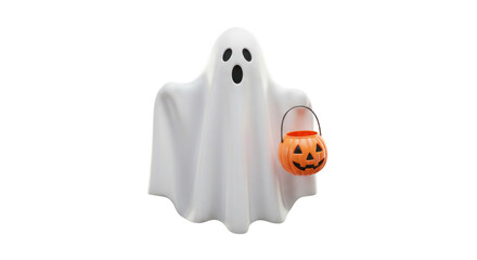 3D Rendered White Ghost Character Holding Jack-o'-Lantern Candy Bucket for Halloween Celebration on Black Background