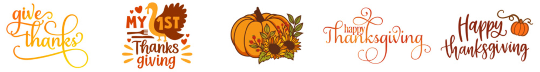 Thanksgiving Lettering Quotes Set. Fall Calligraphy Phrases with Pumpkins, Turkey, Leaves and Autumn Decorations
