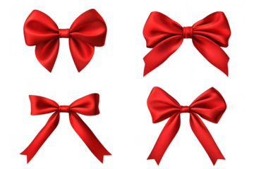 A collection of four elegant red satin bows of varying styles and sizes. their glossy texture and color. ideal for gift wrapping or decorative purposes
