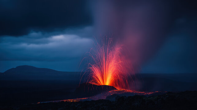 erupting. A powerful volcano erupting with lava and ash against the sky. ESG reports, sustainability campaigns, designed for sustainability communications and ESG reporting.

