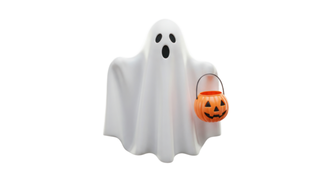 3D Rendered White Ghost Character Holding Jack-o'-Lantern Candy Bucket for Halloween Celebration on Black Background