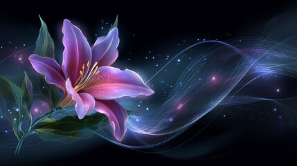 Lily with pink petals, flowing blue light, and sparkling dots on a black background