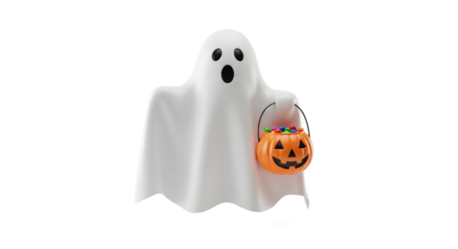 Halloween Ghost Character Holding Pumpkin Candy Bucket Full of Sweets for Trick or Treat - Powered by Adobe
