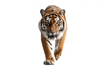 A majestic tiger confidently strides forward. its powerful physique and striking orange and black stripes against a clean white background. perfect for wildlife conservation themes