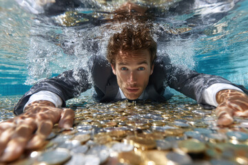 Man in a suit swimming through a sea of coins in a clear blue pool underwater