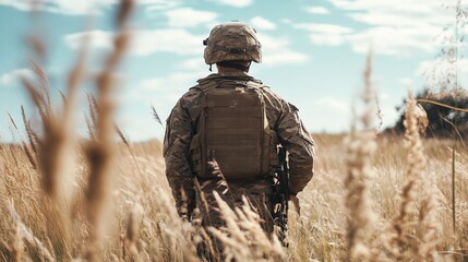 Soldier standing in tall grass under a blue sky, reflecting on duty and sacrifice in a peaceful moment Generative AI