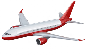 A sleek. modern airplane in red and white colors soaring through a clear sky. symbolizing travel and adventure. with a background of clouds and sunlight