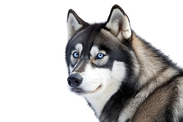 Fototapeta premium A close-up portrait of a majestic Siberian Husky with striking blue eyes. its thick fur and attentive expression against a clean white background. ideal for pet-related content