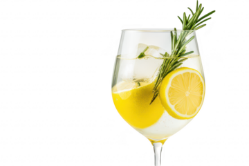 A refreshing cocktail featuring a lemon slice and a sprig of rosemary. served in a clear glass filled with ice. set against a minimalist white background. perfect for summer beverage promotions