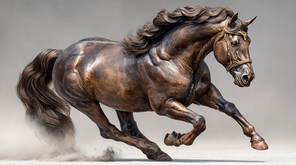 Naklejka premium Majestic bronze equine sculpture captures the powerful motion of a galloping horse with dynamic energy and exquisite detail.