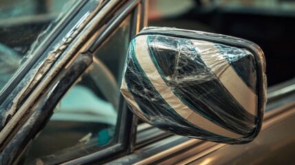Weathered car interior highlighting a makeshift mirror cover in a vintage setting within a dusty garage Generative AI