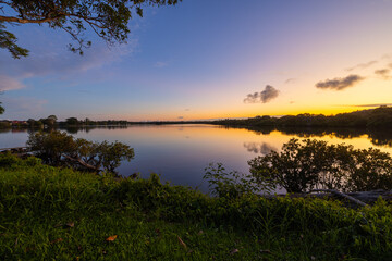 Scenic sunset views over the Tweed River Inlet from Barneys Point bridge in Banora Point, New South wales, Australia
