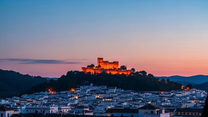 Fototapeta premium Glowing almodóvar del río castle stands majestically over the charming village during twilight hours
