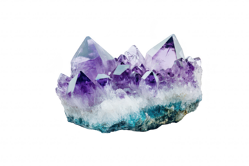 A stunning cluster of amethyst crystals purple hues and intricate formations. set against a clean white background. perfect for use in educational or decorative contexts