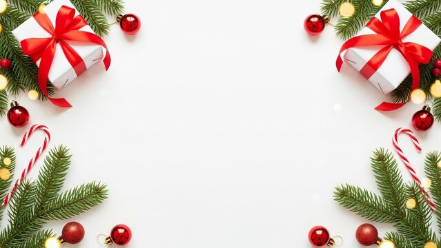 Festive christmas holiday presents and decorations with candy canes forming a beautiful border design - Powered by Adobe