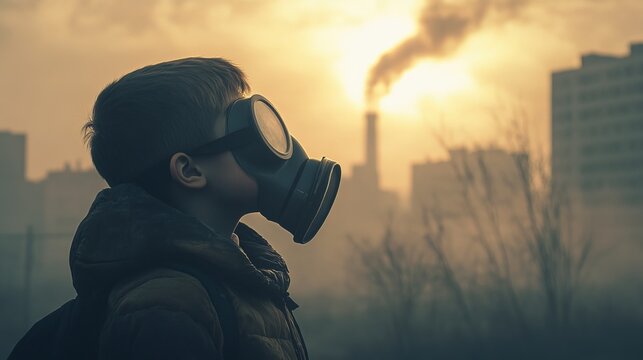 Boy with gas mask gazes at smoky skyline during hazy sunset in an industrial cityscape Generative AI