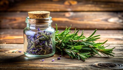 Jar with herbs and rosemary sprigs