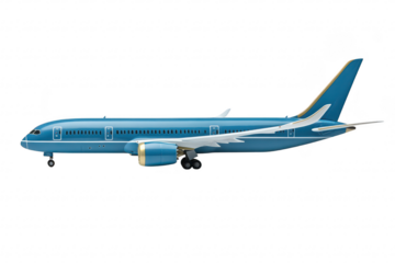 A sleek. modern aircraft designed for long-haul travel. its aerodynamic shape and blue livery against a plain white background. ideal for aviation-related projects and promotions