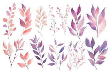 A collection of watercolor leaves and floral elements in soft pink and purple hues. various shapes and styles. ideal for use in design projects or as decorative backgrounds