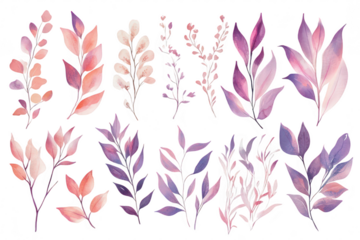 A collection of watercolor leaves and floral elements in soft pink and purple hues. various shapes and styles. ideal for use in design projects or as decorative backgrounds