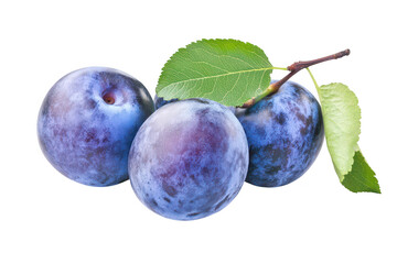 Obraz premium Freshly harvested plums with purple skin and green leaves. arranged on a clean white background. their natural beauty. ideal for culinary or health-related uses