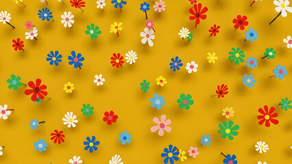 Vibrant Daisy Field: A Cheerful Symphony of Colorful Flowers on Sunny Yellow Backdrop, Embracing the Joyful Essence of Spring and Summer Season